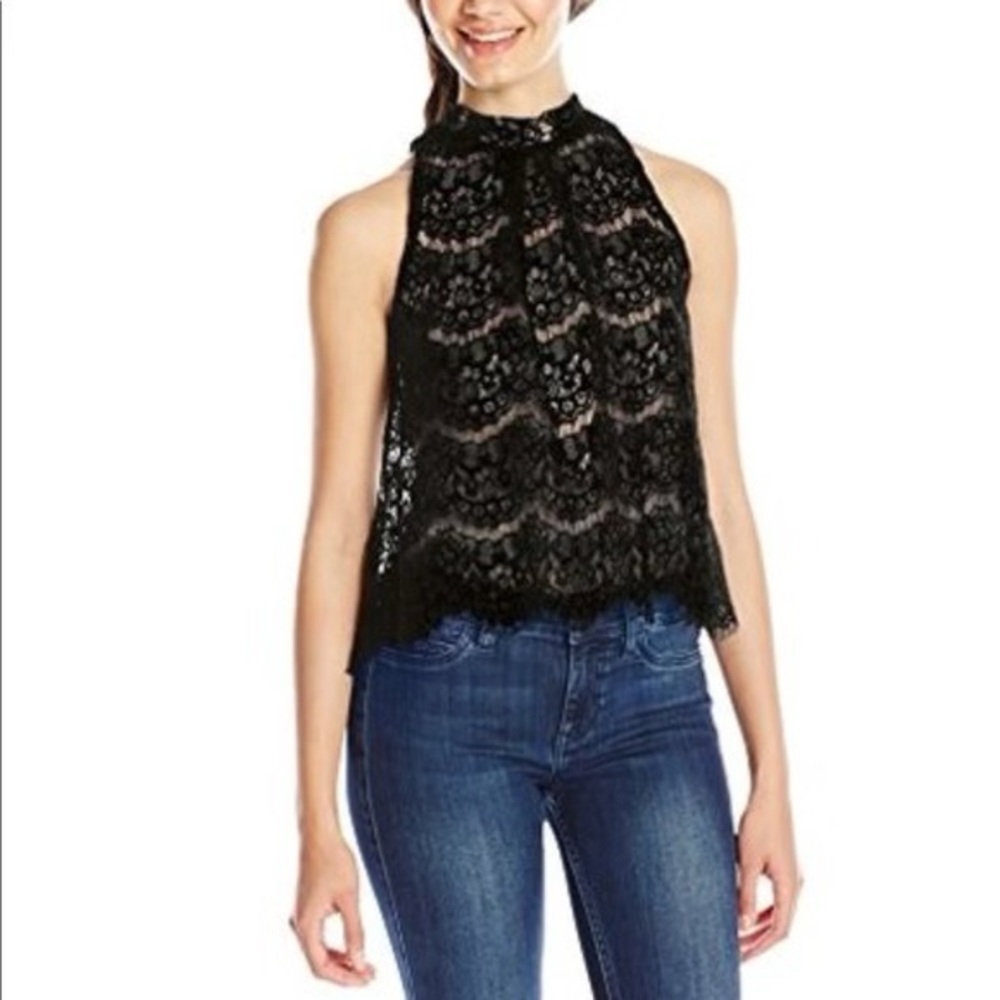 Black lace high-collar blouse